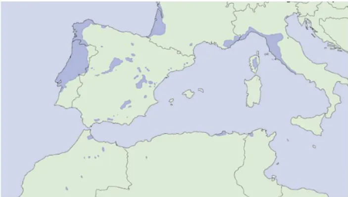 Figure I.1. Aire de répartition (bleu) du pin maritime en Europe et Afrique du Nord (Alia et  Martin, 2003)