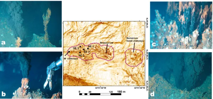 Figure 6. In the center, shaded high resolution bathymetry of the Ashadze 1 hydrothermal area with location of the main vents (seafloor photographs (Figures 6a, 6b, 6c and 6d) are located with respect to these vents), chimneys in the west part (noted W chi