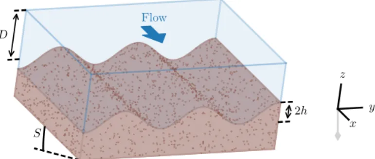 Figure 1. Sediment bed perturbed by longitudinal streaks. A layer of fluid (blue) flows over a granular bed (brown)