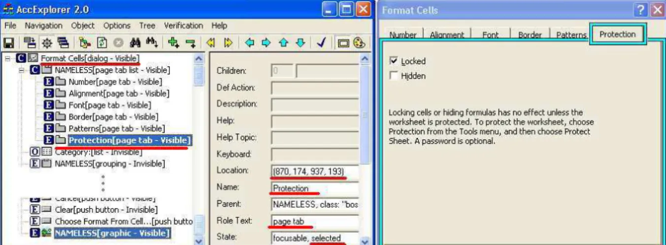 Figure 8 : Une boîte de dialogue de l’application existante Microsoft Excel (à droite), et une partie des informations d’accessibilité fournies par le logiciel ! " 0$ (de la boîte à outils Microsoft ! ' ! " 7 8 2 9 ) [9].