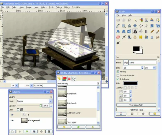 Figure 14 : l’application existante GIMP (www.gimp.org), utilisée sur un ordinateur de bureau, consiste en une fenêtre principale (en haut à gauche) par image et plusieurs palettes d’outils indépendantes