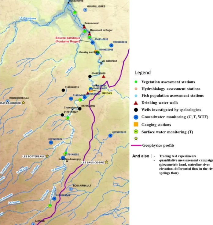 Figure 3 : Carte des investigations et des réseaux de mesure mis en œuvre dans le cadre de l’observatoire de  la Risle (présentation BRGM - colloque AIH, Dubrovnik, septembre 2017) 