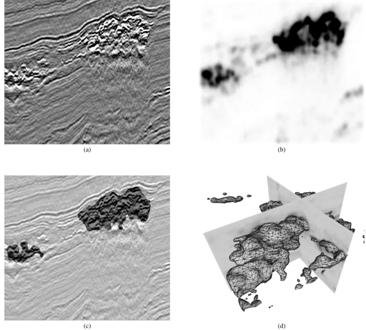 Figure 10: Seismic attribute. (a) Cross sectional view of a seismic dataset. (b) Cross sectional view of an attribute computed on the seismic dataset