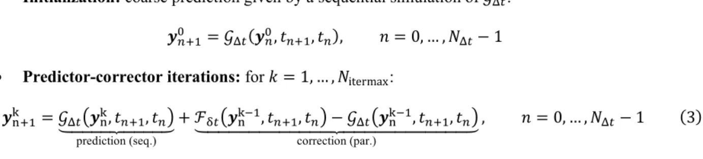 Figure  1:  Definition  of  the  temporal  discretization  of  the  fine  and  the  coarse  propagators  (respectively  bullets  and  vertical traces)