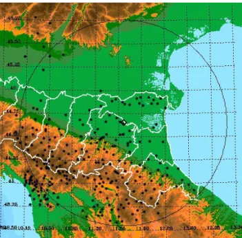 Fig. 2. Raingauges available for the analysis (black points) and radar coverage (black circle) in the North of Italy.