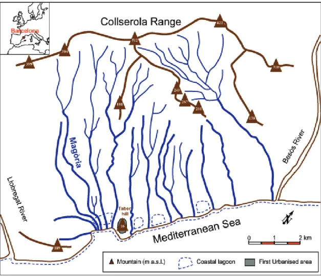 Fig. 2. Water courses in Barcelona county in the 1st century AD. Data obtained from Casassas i Sim´o (1984), Granados (1984), Oliv´e i Guilera (1993), Riba i Arderiu (1993), Sanz Parera (1988), Travesset Queralt´o (1994) and Vila (1974)