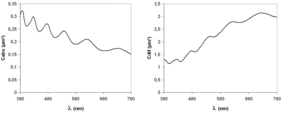 Fig. 1.4 – Influence de la longueur d’onde λ sur les sections efficaces C abs et C dif .