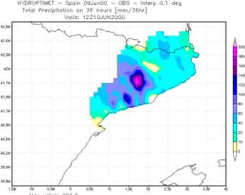 Fig. 4. 36-h satellite rainfall estimate, from 00:00 UTC, 9 June to 12:00 UTC, 10 June 2000.