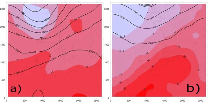 Figure 2. Geopotential height (contour lines) and temperature (shaded areas) at 500Pa (a) and  850hPa (b)