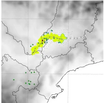 Figure 7. Trajectory, area covered (15:30-17:30 UTC) and nowcast (60 minutes) of the La  Cerollera-Rafales-Fuentespalda-Beceite cell (case 2), and trajectory and area covered  (15:00-17:30 UTC) by the associated precipitation system (red area)