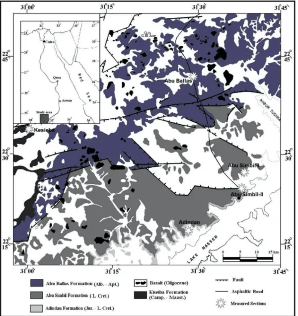 Fig. 1. A geological map for the studied Nubia sandstone in SW Egypt (Nabawy et al., 2009b).