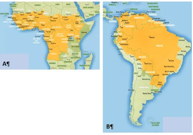 Figure 1. Répartition géographique des zones endémiques de la fièvre jaune. 