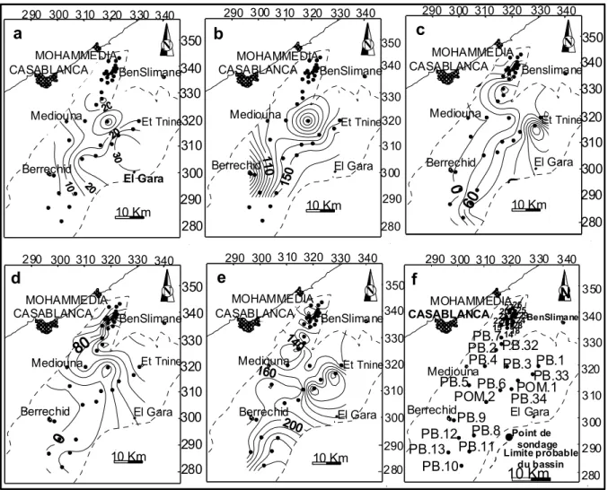 Fig. 6 – Cartes des isopaques des séquences de dépôt du bassin triasique de Berrechid-ElGara-BenSlimane
