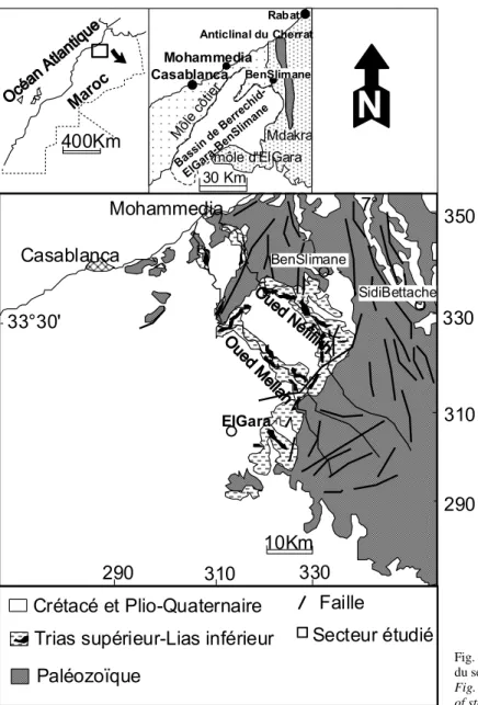 Fig. 1  –  Localisation géographique et cadre géologique   du secteur étudié. 