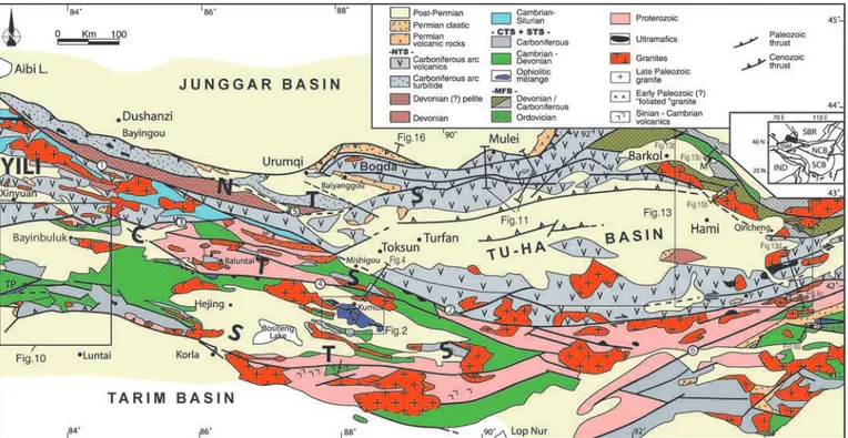 Figure 1  Schematic geological map of East Tianshan. Inset: IND: Indian continent; NCB: North China Block; SCB: South China Block;