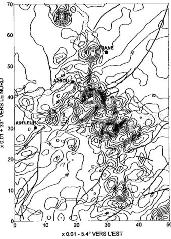 Fig.  3 - Carle d'alJomafies dit  champ résiduel réduit au pôle,  superposée au schéma structural