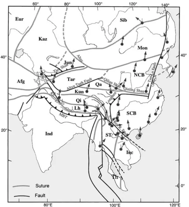 Figure 1. Simplified map of southeast Asia showing the main sutures and faults (KF, Karakorum fault; MBT, Main Boundary Thrust)