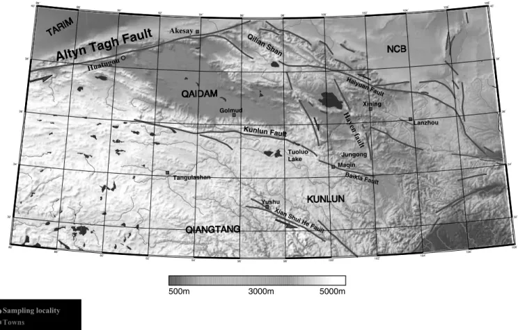 Figure 2. Simplified topographic map with the major faults. Squares indicate town locations, the circle is the palaeomagnetic sampling locality, Huatugou.
