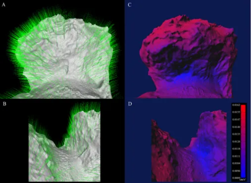 Fig. 13. Hapi (neck) and Hathor (cli ﬀ ) regions with the gravity vectors displayed as green lines (A) and B)) and the local value of gravitational acceleration (that takes into account the centrifugal force) (C) and D)) with the same observation geometry 