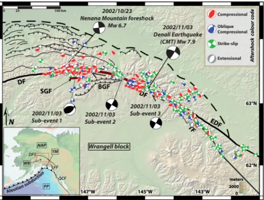 Figure 1. Map of the Denali fault system (DFS), SGF: Susitna Glacier Fault; DF: Denali fault; TF: Totschunda Fault; EDF: eastern Denali fault; BGF: Broxson Gulch Fault; modified from M´eriaux et al