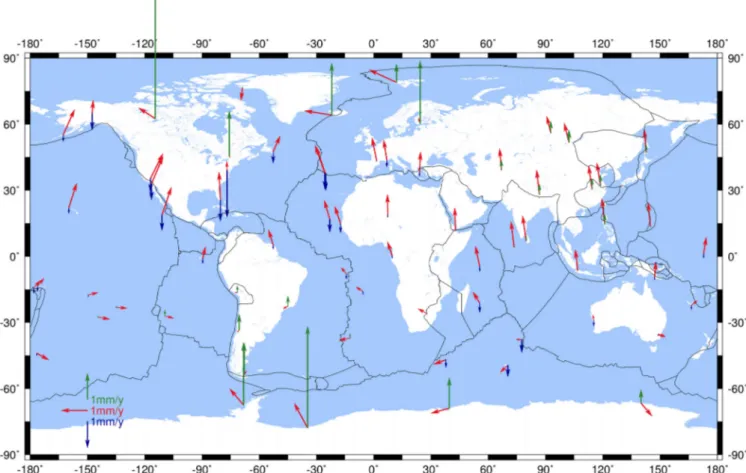 Figure 8. GIA velocities at the DORIS sites from ICE-6G. Horizontal motion is depicted by red arrows while uplift (respectively subsidence) is displayed by green (respectively blue) arrows.