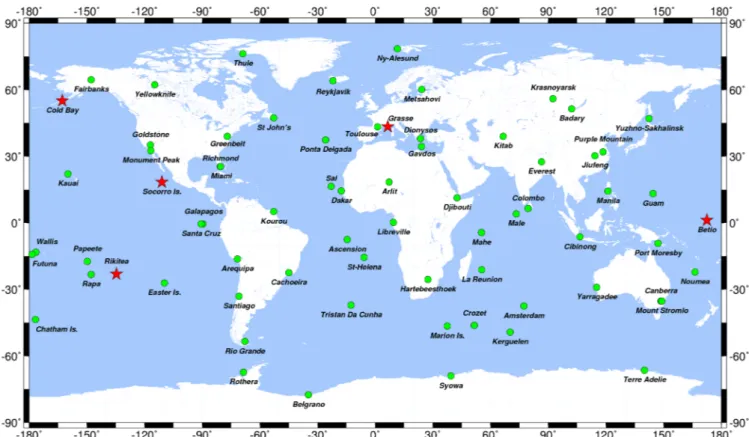 Figure 1. Geographical distribution of the 71 DORIS sites included in the IDS contribution to ITRF2014 (red stars indicate new sites with regard to ITRF2008).