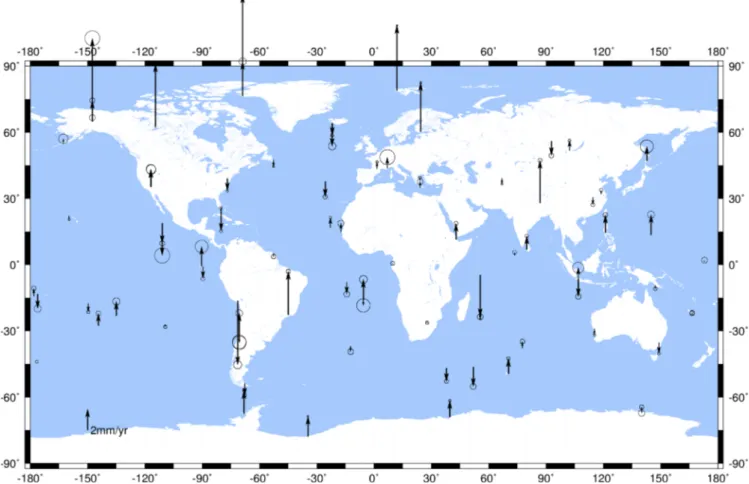 Figure 5. Vertical velocities at the DORIS sites from the IDS 09 weekly SINEX files.