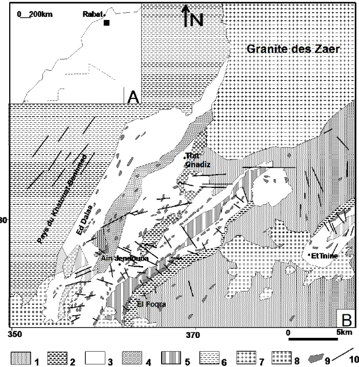 Fig. 1 – A. Schéma de situation du pays des Sokhrat au Maroc.  B. Carte géologique du pays des Sokhrat