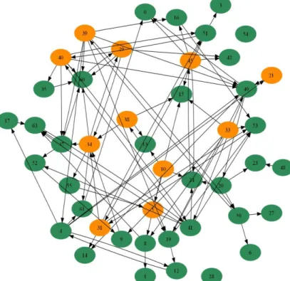 Figure 1. Example of an aggregated trophallactic network. Node = individual, directed black arrow 