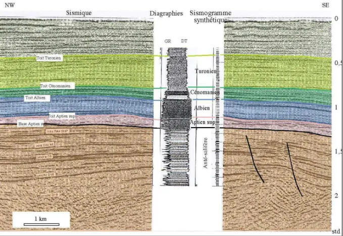 Fig. 4 – Calage sismique–diagraphie au puits GMF003 et pointé stratigraphique des horizons sismiques albo-turoniens