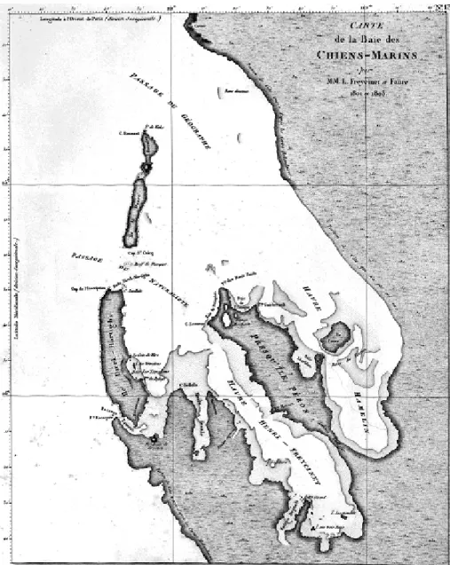 Figure 3. Carte de la Baie des Chiens-Marins (Shark Bay), où le Géographe jeta l’ancre pendant deux semaines (juin-juillet 1801), suivi par le Naturaliste pendant sept semaines (juillet-septembre 1801)