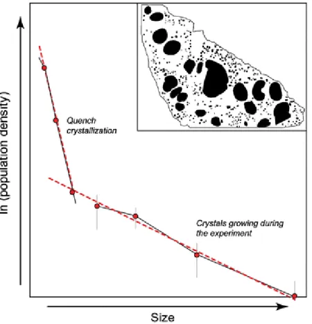 Fig. 3 Schematic plot of crystal size distribution of gregoryites in an experimental charge quenched at 580°C