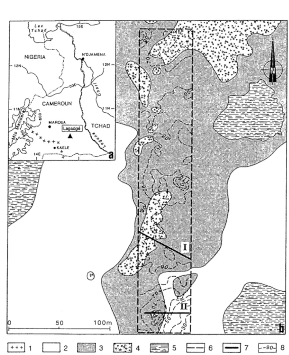 Figure  1  a.  Localisation du site  (hardé Lagadgé) et b. Carte de  distribution de  la  végétation