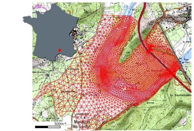 Figure 8: Gardon test case situation and mesh (basemap ©IGN http://geoportail.gouv.fr)