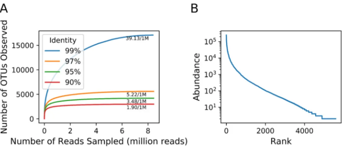 Figure 4. Megaviridae operational taxonomic units (out) richness. (A) Rarefaction curves for  Megaviridae  polB OTUs with various DNA sequence identity cutoffs