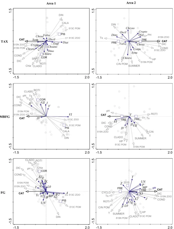 Fig. 5. Ordinations from the series of redundancy analyses constrained by CAT performed on taxonomic   and   functional   groups   in   phytoplankton   assemblages   in   each   geographic   area.
