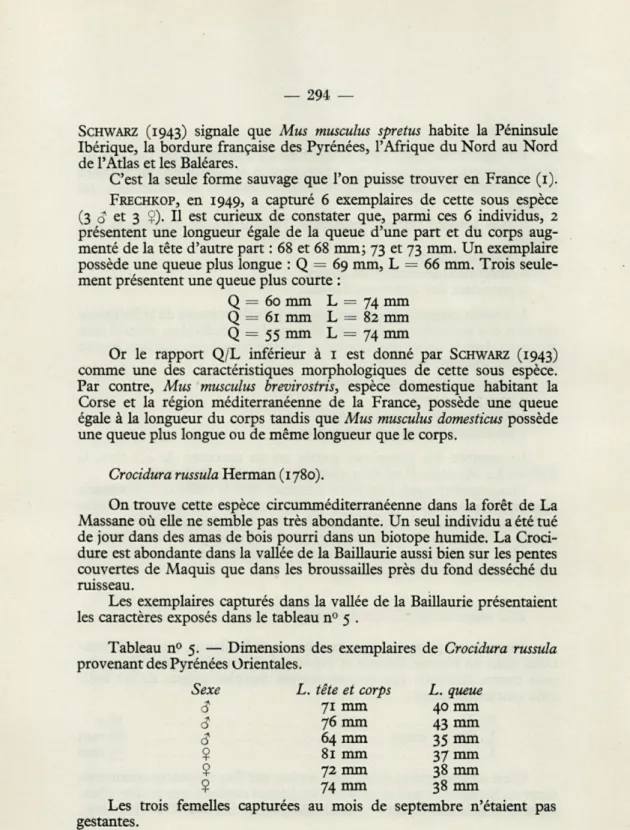 Tableau  n°   5.   —  Dimensions  des  exemplaires  de  Crocidura  russula  provenant des Pyrénées Orientales