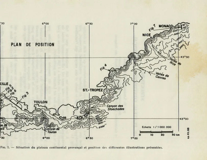 FIG.  1.   —  Situation  du  plateau  continental  provençal  et  position  des  différentes  illustrations  présentées