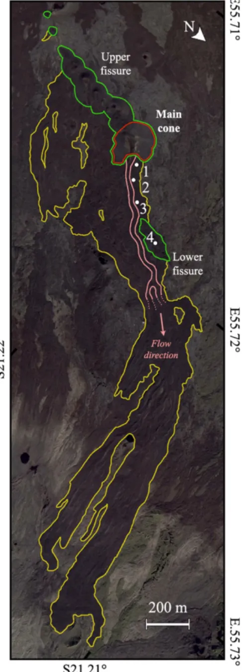 Figure 1. Map of lava flow field (yellow out- line), fissures (green outline), main vent (red outline), and stable  channel (pink outline) of July–August 2015 eruption of Piton de la Four- naise, La Réunion, France