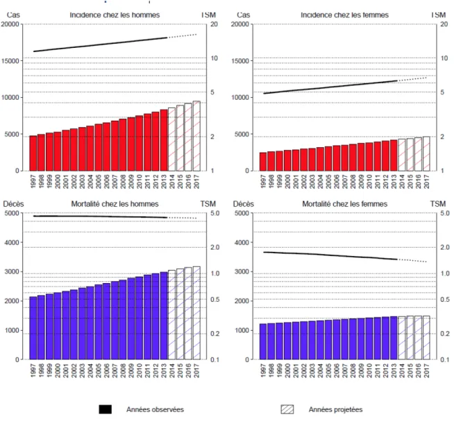 Figure 1 : Évolution du nombre de nouveaux cas et de décès (barres) et des taux standardisés monde  correspondants (TSM) (courbes, échelle logarithmique) chez l’homme et chez la femme de 1997 à  2017 en France métropolitaine 