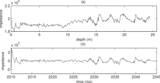 Figure 8. (a) Acoustic impedance profile (unit: Pa.s m − 1 ) obtained from density and sound velocity measurements on ground truth data as a function of depth.