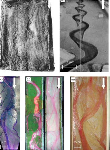 Figure 1. Examples of laboratory rivers. White arrows denote flow direction. Scales are approximate
