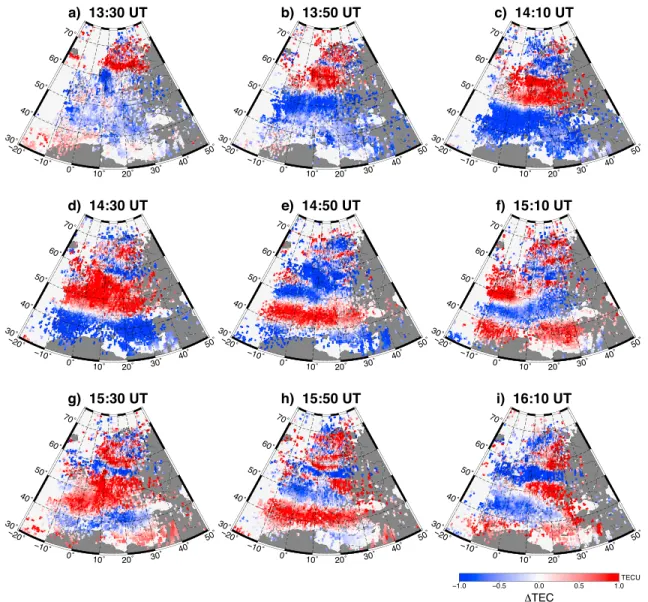 Figure 4 presents the series of the two-dimensional regional maps of TEC disturbances observed over Europe during the second main phase of the storm