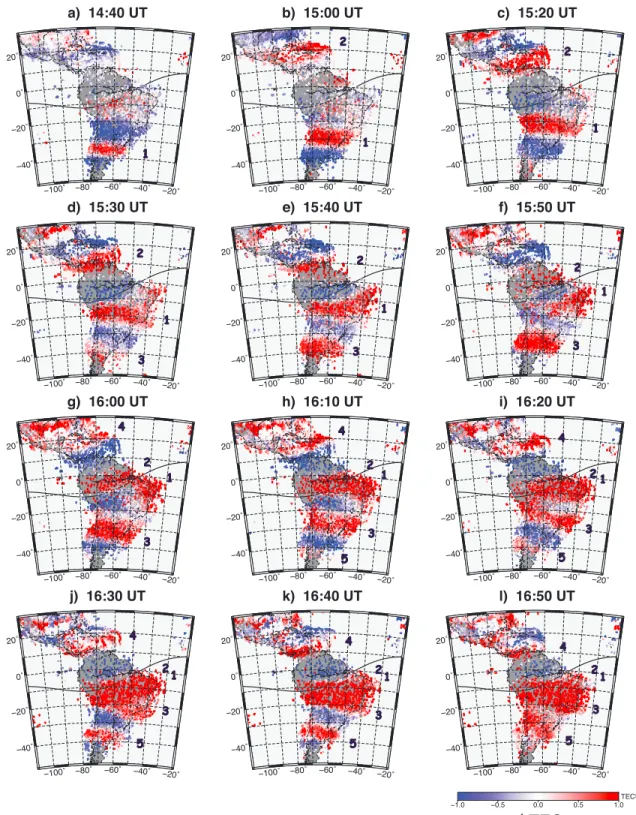Figure 5. Two-dimensional maps of TEC perturbations over South America for different instants of time (a – i) during 14:40 – 16:50 UT on 17 March 2015