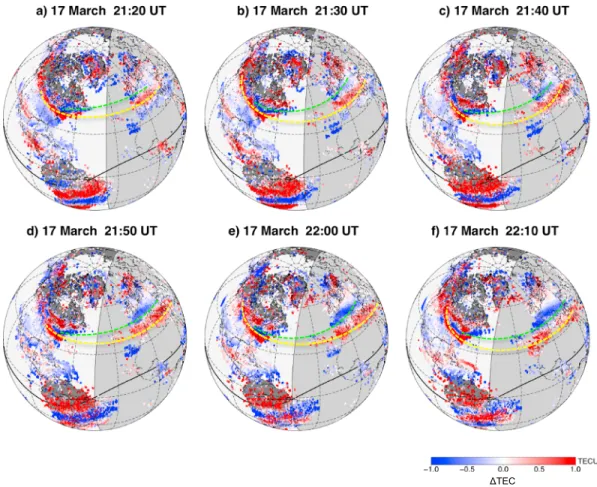 Figure 7. Global two-dimensional maps of TEC perturbations with 10 min interval during 21:20 UT – 22:10 UT on 17 March 2015