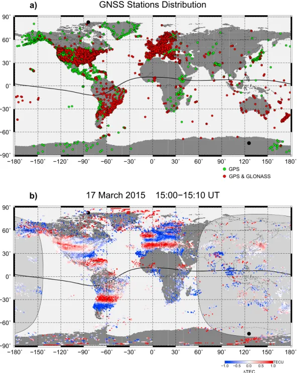 Figure 1. (a) Geographical distribution of the ground-based GNSS stations provided measurements of navigational signals for GPS only (green dots) and for both systems GPS and GLONASS (red dots)
