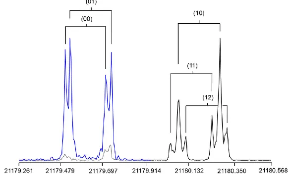 Figure  4:  Two  spectra  of  conformer  I  of  methyl  n-propyl  sulfide  recorded  at  high  resolution,  capturing all five torsional components (00), (01), (10), (11), and (12) of the rotational transition  6 34   5 33 