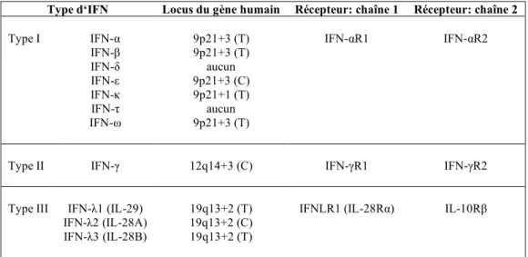 Tableau 1. Les trois types d’IFN: nom, locus génique et récepteurs. 