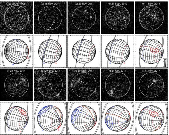 Figure 5. UV aurorae of Uranus, as imaged by HST/STIS between 1998 to 2017 [47,48]. The displayed images are background-subtracted