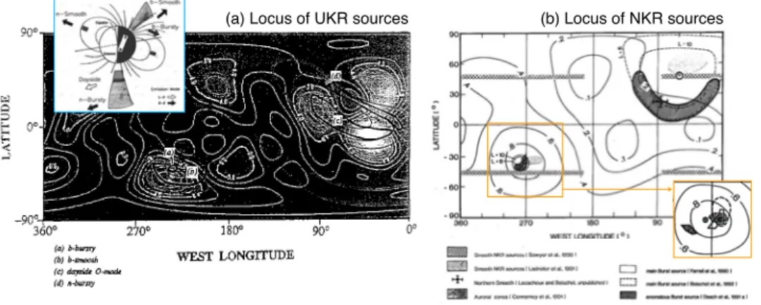 Figure 3. Magnetic footprint of (a) UKR and (b) NKR components (as inferred from Voyager 2/PRA observations) displayed in cylindrical maps, with iso-contours of magnetic field amplitude (in Gauss) using the Q 3 and O 8 magnetic field models, respectively [